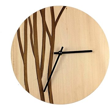 AMADEA Dřevěné hodiny nástěnné kulaté se vzorem větvičky, masivní dřevo, průměr 25 cm (39939-00)