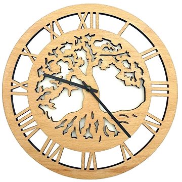 AMADEA Dřevěné hodiny nástěnné kulaté, motiv stromu s kořeny, masivní dřevo, průměr 29 cm (28157-00)