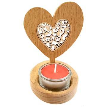 AMADEA Dřevěný svícen srdce s vkladem - ornament, masivní dřevo, výška 10 cm (29182-00)