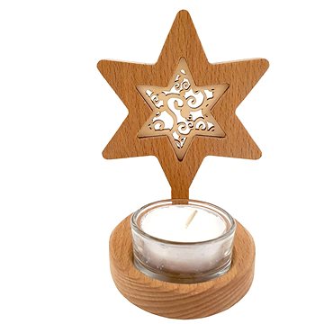 AMADEA Dřevěný svícen hvězda s vkladem - ornament, masivní dřevo, výška 10 cm (36212-0B)