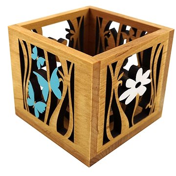 AMADEA Dřevěný svícen krychle s motivem motýlů a květu, barevný, masivní dřevo, 10x10x10 cm (26916-0B)