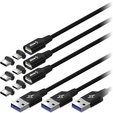 AlzaPower MagCore 2in1 USB-C + Micro USB, 5A, Multipack 3ks, 1m černý (APW-CBMG50310B)