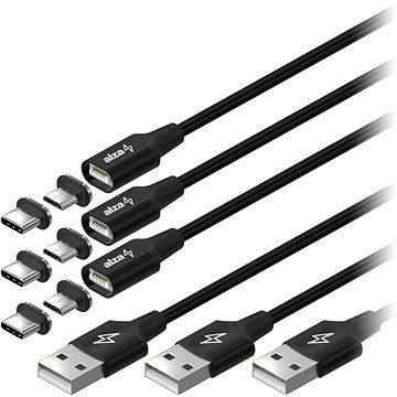 AlzaPower MagCore 2in1 USB-C + Micro USB, 3A, Multipack 3ks, 1m černý (APW-CBMG30310B)