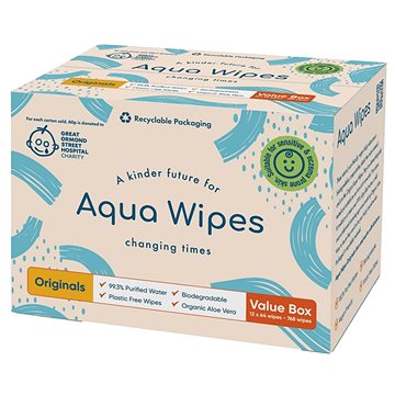 Aqua Wipes BIO Aloe Vera 100% rozložitelné ubrousky 99% vody 12× 64 ks (5060180400606)
