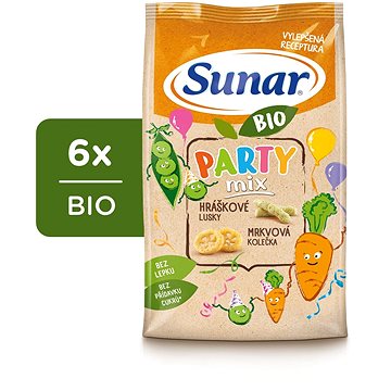 Sunar BIO Party mix, hráškové a mrkvové dětské křupky 6× 45 g (8592084417161)