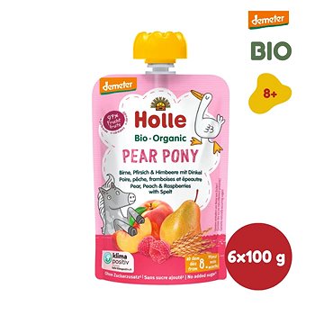HOLLE Pear Pony BIO hruška broskev maliny a špalda 6× 100 g (7640161877320)