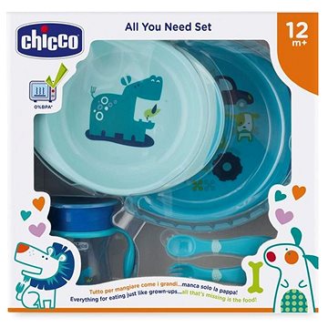 Chicco jídelní set, talíře, příbory, sklenka, 12 m+, modrý (8058664086702)