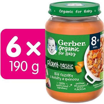 GERBER ORGANIC 100% rostlinný příkrm bílé fazolky se sladkým bramborem a quinoou 6× 190 g (7613287939302)