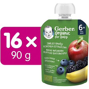 GERBER Organic kapsička jablko, banán, borůvka a ostružina 16× 90 g (8445290308092)