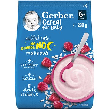 GERBER Cereal mléčná kaše Dobrou noc malinová 230 g (8445290501776)