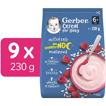 GERBER Cereal mléčná kaše Dobrou noc malinová 9× 230 g (8445290501783)
