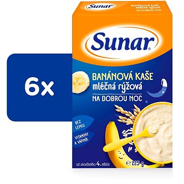 Sunar banánová kaše mléčná rýžová na dobrou noc 6× 225 g (8592084409531)