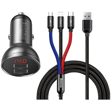 Baseus Digital Display Dual USB Car Charger 24W + 3-in-1 Cable 1.2m (TZCCBX-0G)