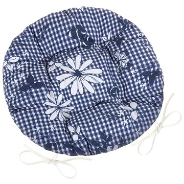 BELLATEX Sedák DITA 62/410 - kulatý, prošívaný, prům.40cm, modrá kostička s květem (9528)