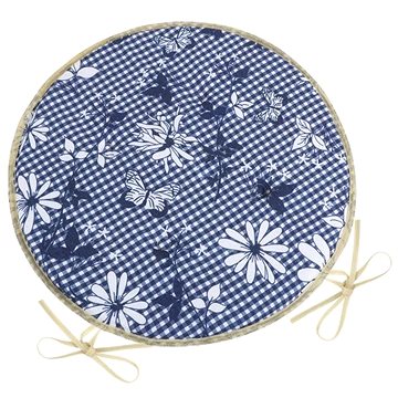 BELLATEX Sedák DITA 79/410 - kulatý, hladký, prům.40cm, modrá kostička s květem (9539)