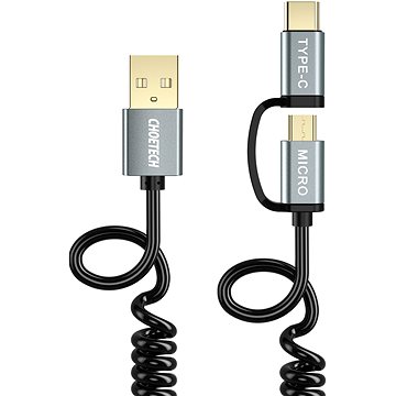 ChoeTech 2 in 1 USB to Micro USB + Type-C (USB-C) Spring Cable 1.2m (XAC-0012-101BK)