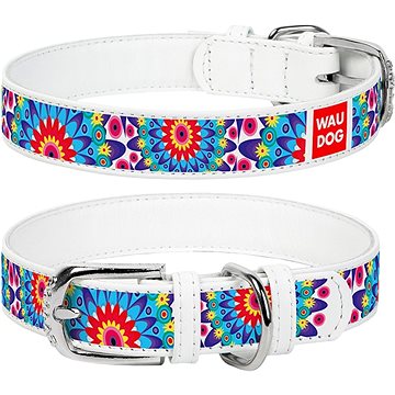 Waudog Obojek kožený Flowers bílý 38-49 cm/2,5 cm (4823089309965)