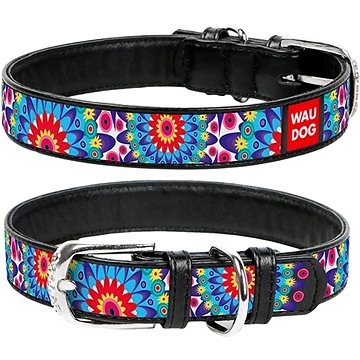 Waudog Obojek kožený Flowers černý 27-36 cm/1,5 cm (4823089310039)