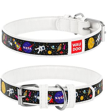 Waudog Obojek kožený NASA bílý 20-28 cm/1,2 cm (4823089318998)