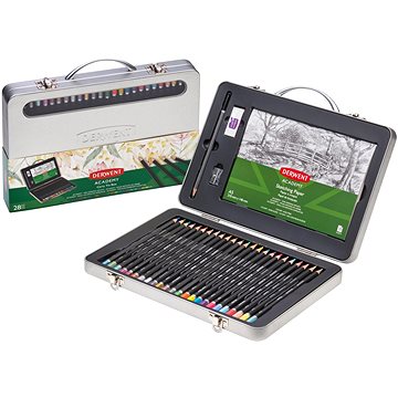 DERWENT Academy Carry Tin Box, kovový kufřík, výtvarná sada pastelek a tužky, 25 ks (2305951)