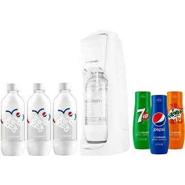 SodaStream Jet Pastel white + 3x láhev + příchutě PEPSI, 7UP, MIRINDA
