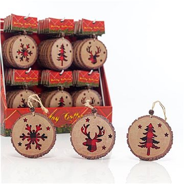 EUROLAMP Dřevěné ozdoby s červenými kostkovanými vzory, 3 vzory, 72 ks, 10,8 cm, cena za 1 kus (5207227128219)