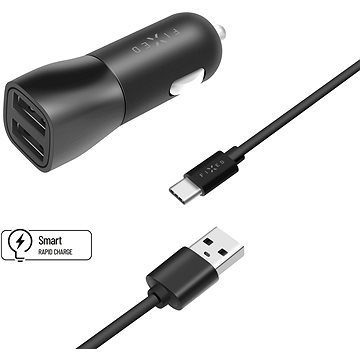 FIXED Smart Rapid Charge 15W s 2xUSB výstupem a USB/USB-C kabelem 1 černá (FIXCC15-2UC-BK)