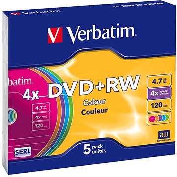 VERBATIM DVD+RW SERL 4,7GB, 4x, colour, slim case 5 ks (43297)