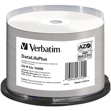 VERBATIM CD-R DataLifePlus 700MB, 52x, white printable, spindle 50 ks (43745)