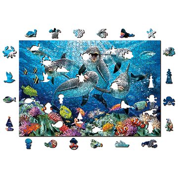 Woden City Dřevěné puzzle Šťastní delfíni 2v1, 505 dílků eko (OC 505-0104-L)