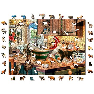 Woden City Dřevěné puzzle Neposedná koťátka v kuchyni 2v1, 1010 dílků eko (AN 1010-0139-XL)