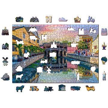 Woden City Dřevěné puzzle Japonský most ve městě Hoi An, Vietnam 2v1, 505 dílků eko (TR 505-0117-L)