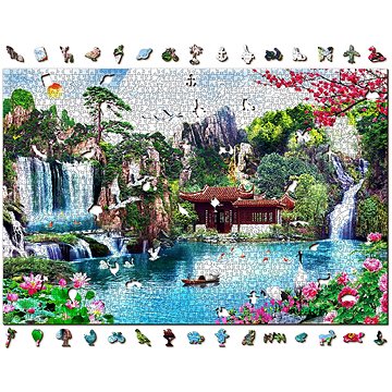 Woden City Dřevěné puzzle Vodopády v japonské zahradě 2v1, 2000 dílků eko (AL 2000-0124-XXL)