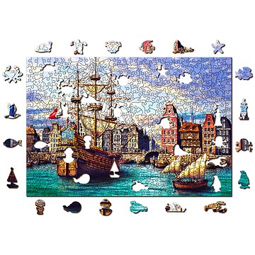 Woden City Dřevěné puzzle Staré lodě v přístavu 2v1, 505 dílků eko (OC 505-0144-L)