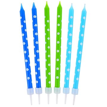 Svíčky dortové, 10cm, se stojánkem, puntíky, modré, zelené, 24ks (5901238624455)