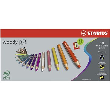 STABILO woody 3 v 1, pouzdro s ořezávátkem 18 barev (4006381194907)