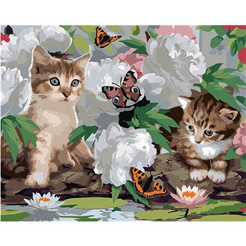 Malování podle čísel - Kočky, motýlci a bílé pivoňky (Howard Robinson) (HRAbz33433nad)