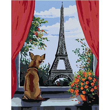 Malování podle čísel - Pejsek v okně a výhled na Eiffelovku (HRAmal01138nad)