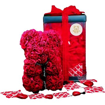 Medvídárek Erotic medvídek z růží 25cm dárkově balený - rudý zasypaný tmavě červenými lístky, kondom (0702338308956)