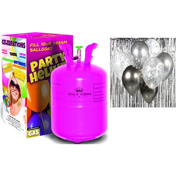Helium na 20 baloků a sada latexových balónků - chromovaná stříbrná 7 ks, 30 cm (8595596320080)