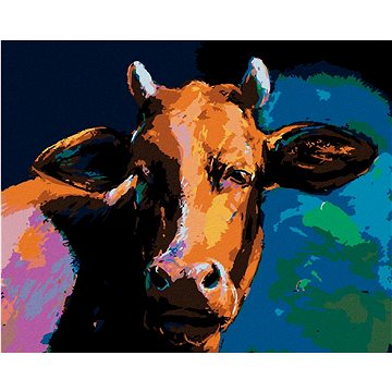 Barevná kráva s tmavým pozadím, 40×50 cm, vypnuté plátno na rám (6055501)