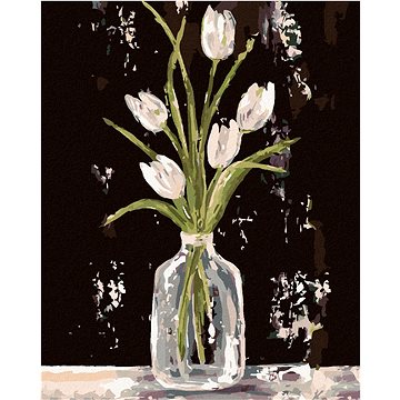 Bílé tulipány ve skleněné váze (Haley Bush), 80×100 cm, vypnuté plátno na rám (5018953)
