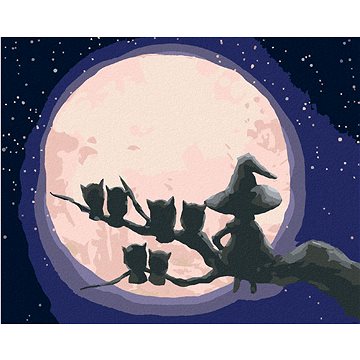 Čarodějnice a sovy sedící naproti měsíci, 40×50 cm, bez rámu a bez vypnutí plátna (6047360)