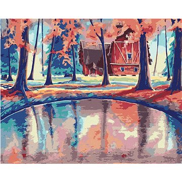 Červený dům v lese s magickým jezerem, 40×50 cm, bez rámu a bez vypnutí plátna (6044960)