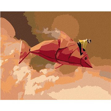 Dívka na červené rybě z origami, 40×50 cm, vypnuté plátno na rám (6048871)