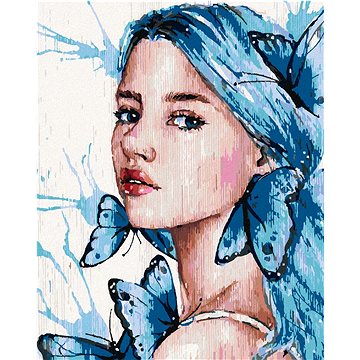 Dívka s modrými vlasy a motýly, 40×50 cm, bez rámu a bez vypnutí plátna (6038630)