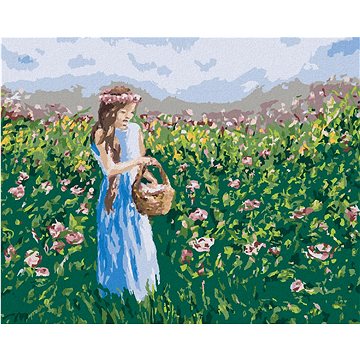 Dívka sbírající květiny do košíku, 40×50 cm, bez rámu a bez vypnutí plátna (6039480)