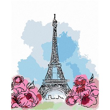 Eiffelova věž v Paříži s růžovými květinami, 40×50 cm, vypnuté plátno na rám (6045401)
