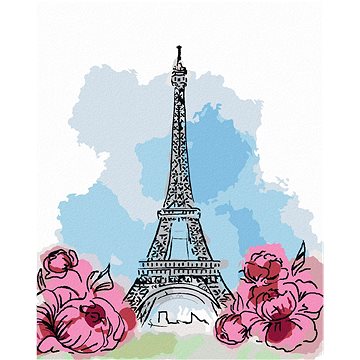 Eiffelova věž v Paříži s růžovými květinami, 80×100 cm, vypnuté plátno na rám (6045403)