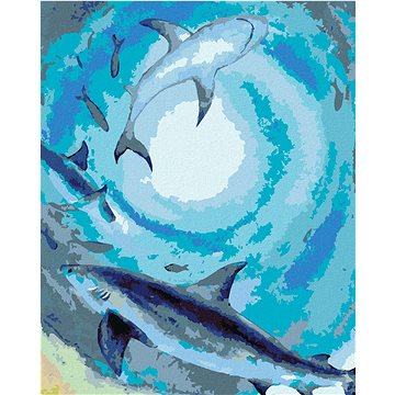 Hejno žraloků a ryb plavající v temném moři, 40×50 cm, vypnuté plátno na rám (6050801)